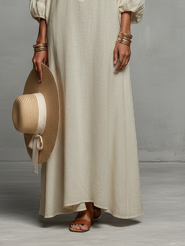 Women's Minimalist Off-the-shoulder Three-quarter Sleeve Embroidered Maxi Dress MDZ3063A3Y