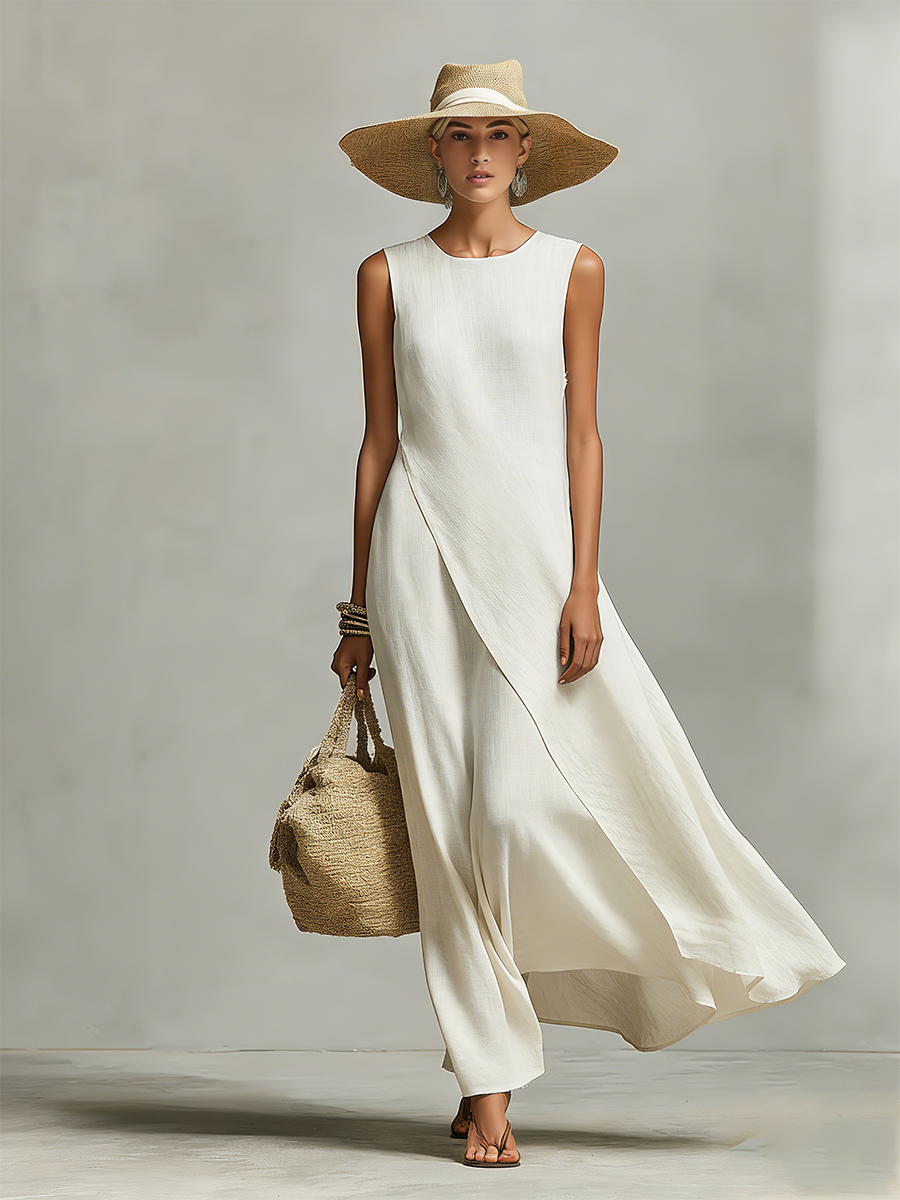Women's Ivory Breathable Linen Dress With Sleeveless Detail & Asymmetric Hem, Contemporary Casual-Feminine Style Dress MDZ0408C2I
