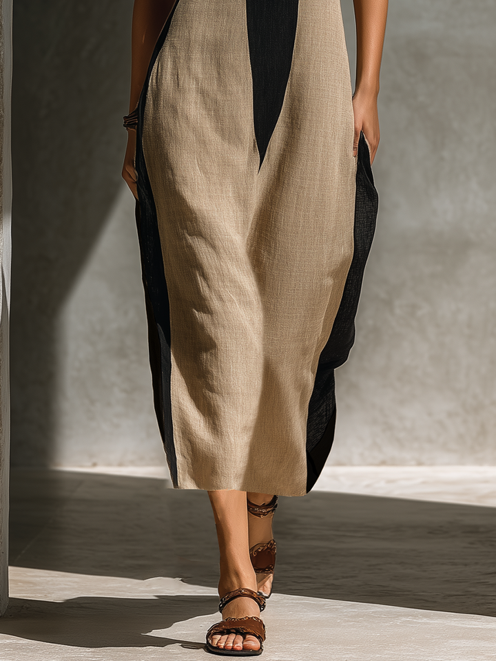 Women's Black And Beige Cotton Blend Halter Neck Midi Dress With Keyhole Cutout & Color Block Design MDZ1027C7T