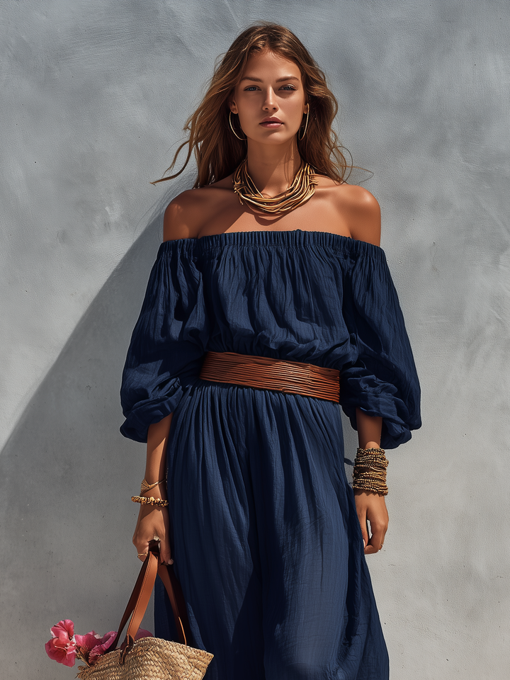 Women's Casual Dark Blue Cotton Linen Strapless Long-sleeved Dress (belt Not Included) MDZ1281C1AN