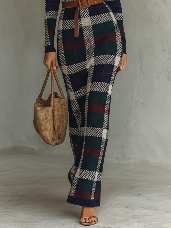 Women's Minimalist Check Knit Belted Square Neck Maxi Dress MDA2984J0Y