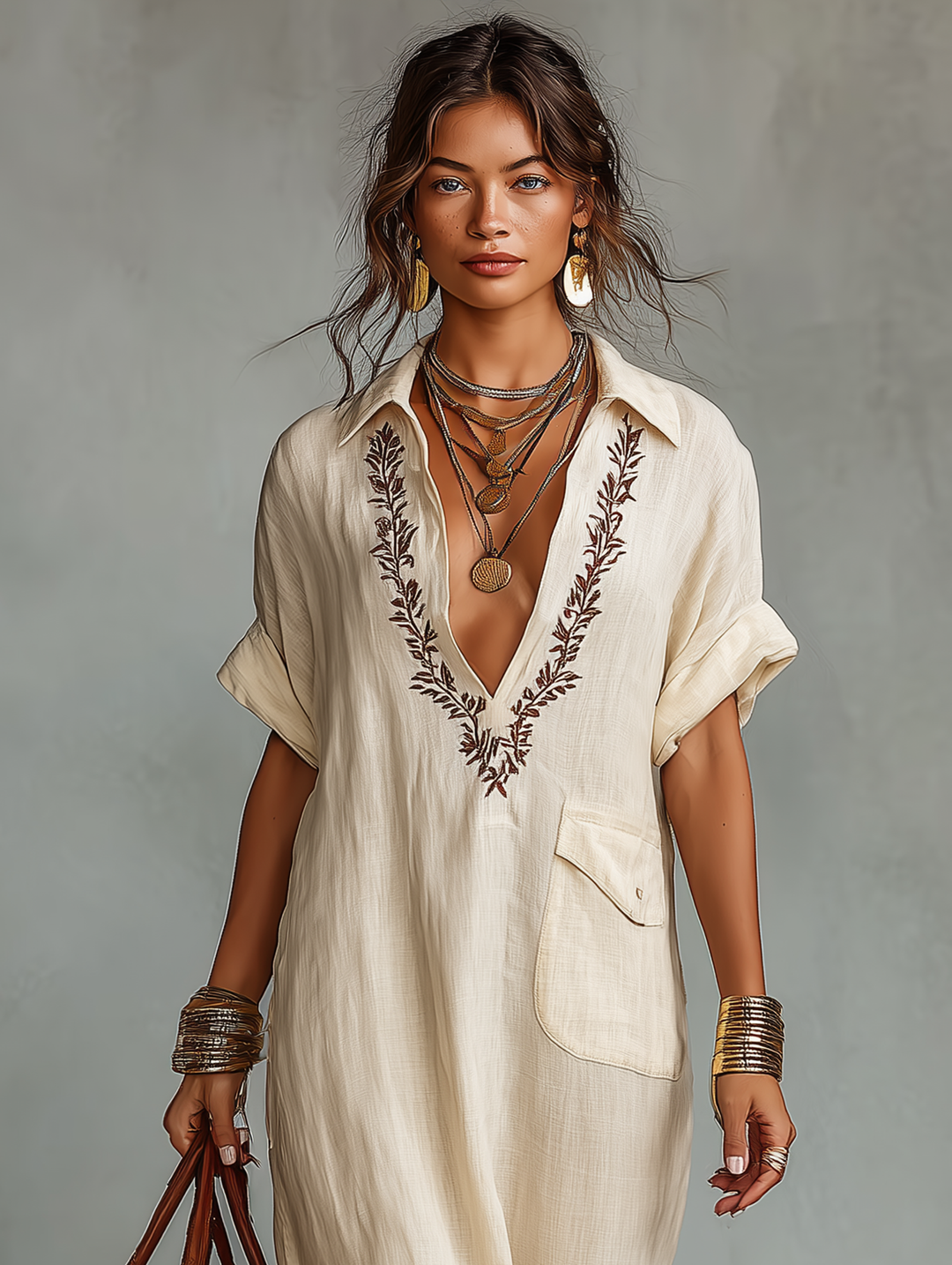Women's Minimalist Linen Blend Embroidered Short-sleeved Shirt Maxi Dress MDZ0600A1Y