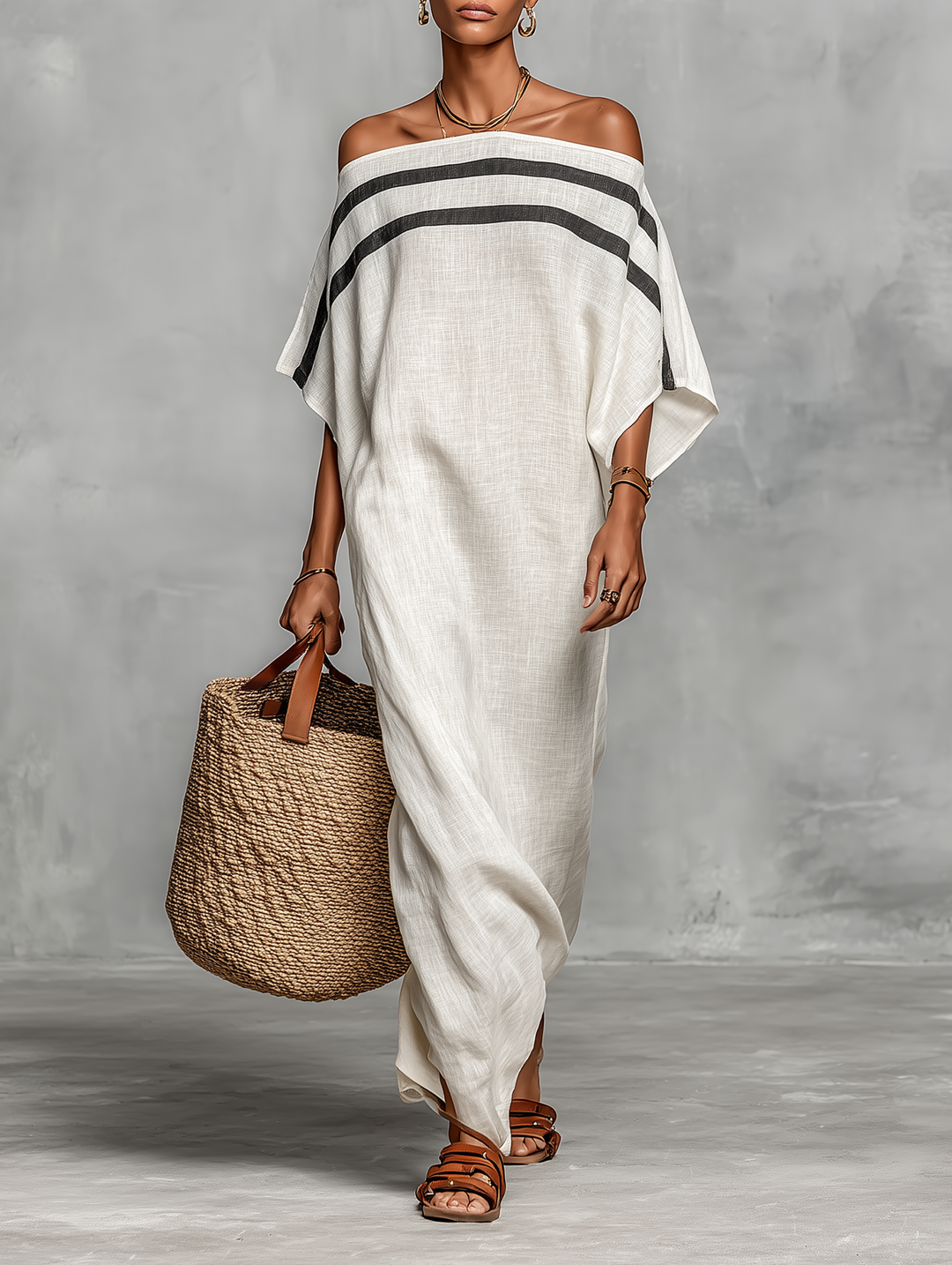 Women's Minimalist Linen Blend Off-the-shoulder Batwing Sleeve Straight-cut Maxi Dress MDZ0949A8Y