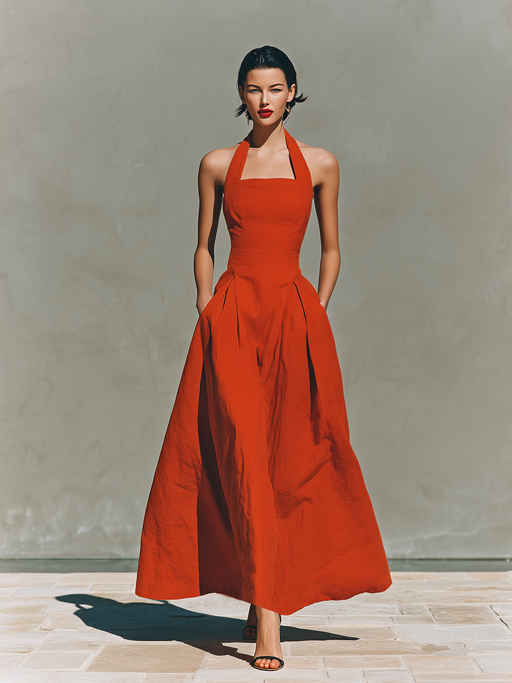 Women's Red Linen Maxi Dress With Halter Neck & Pleated Skirt, Timeless Elegant-Resort Style Dress MDZ2016C7I