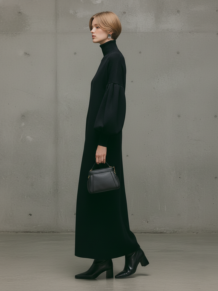 Women's Modern Black Turtleneck Puff-Sleeve Sweatshirt Maxi Dress MDA1503L6AU