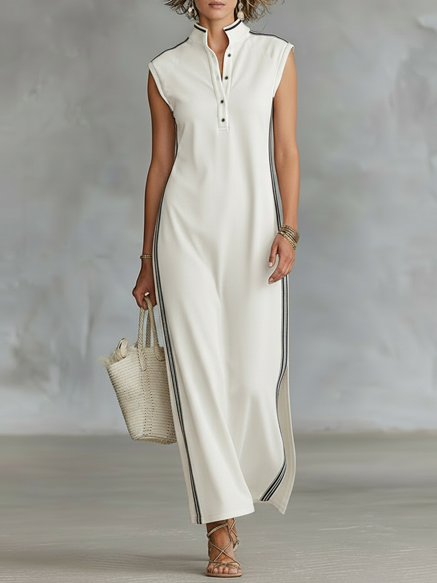 Women's Minimalist Athletic-Style Sleeveless Henley Maxi Dress MDZ1960C6Y