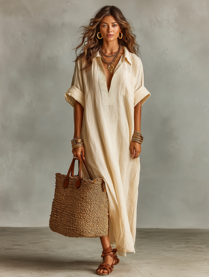 Women's Minimalist Loose-fitting Embroidered Short-sleeved Maxi Dress MDZ0656A6Y