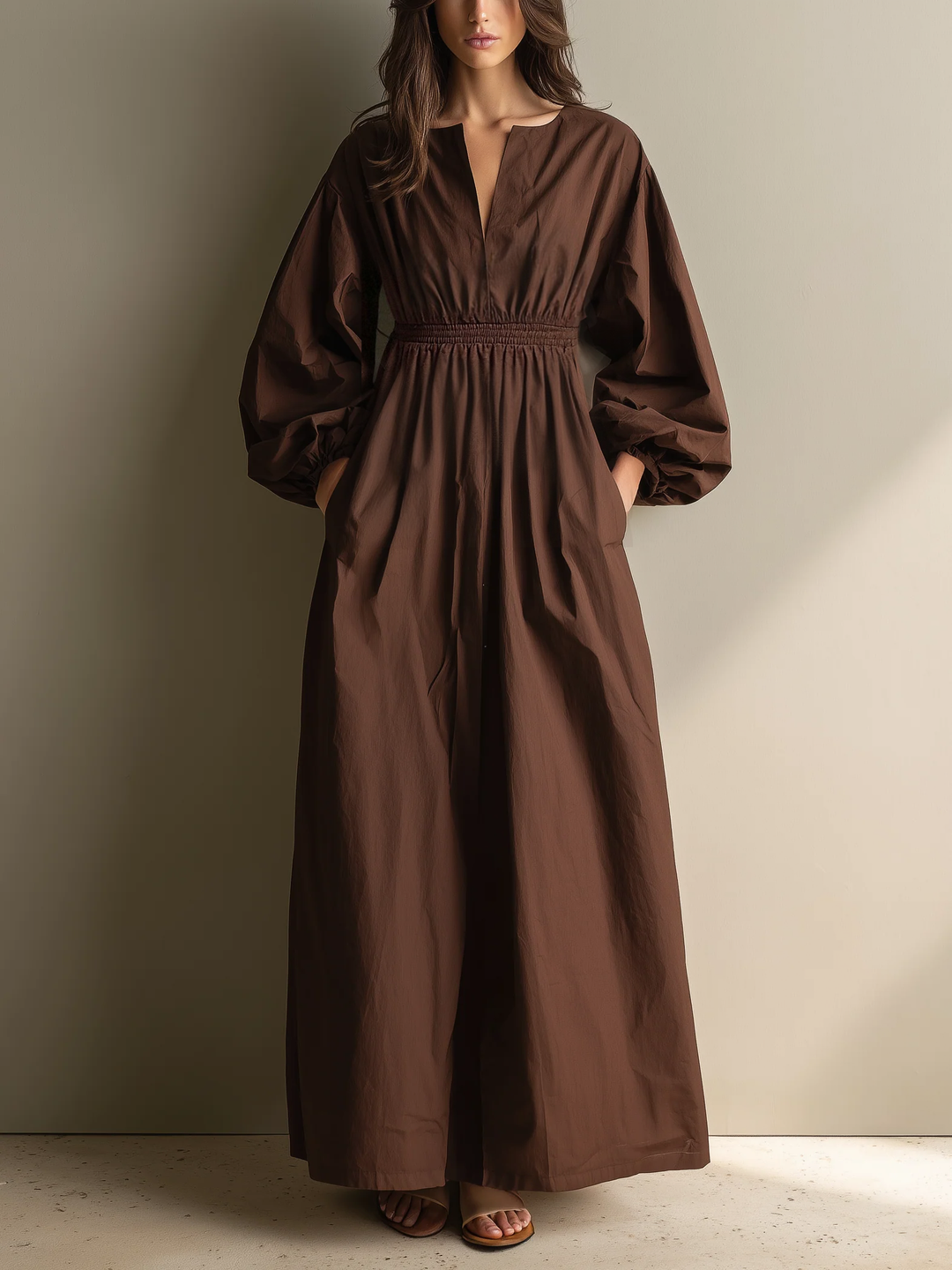 Women's Casual Brown Cotton And Linen V-neck Long-sleeved Maxi Dress With Elastic Waist MDZ1295A0AN