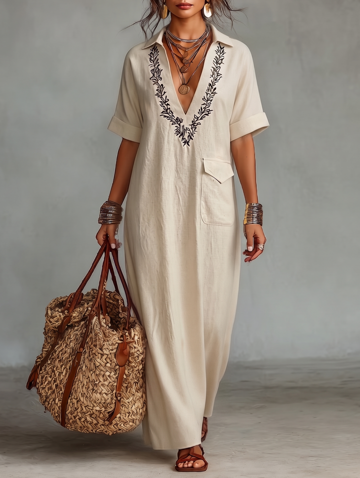 Women's Minimalist Linen Blend Embroidered Short-sleeved Shirt Maxi Dress MDZ0600A1Y
