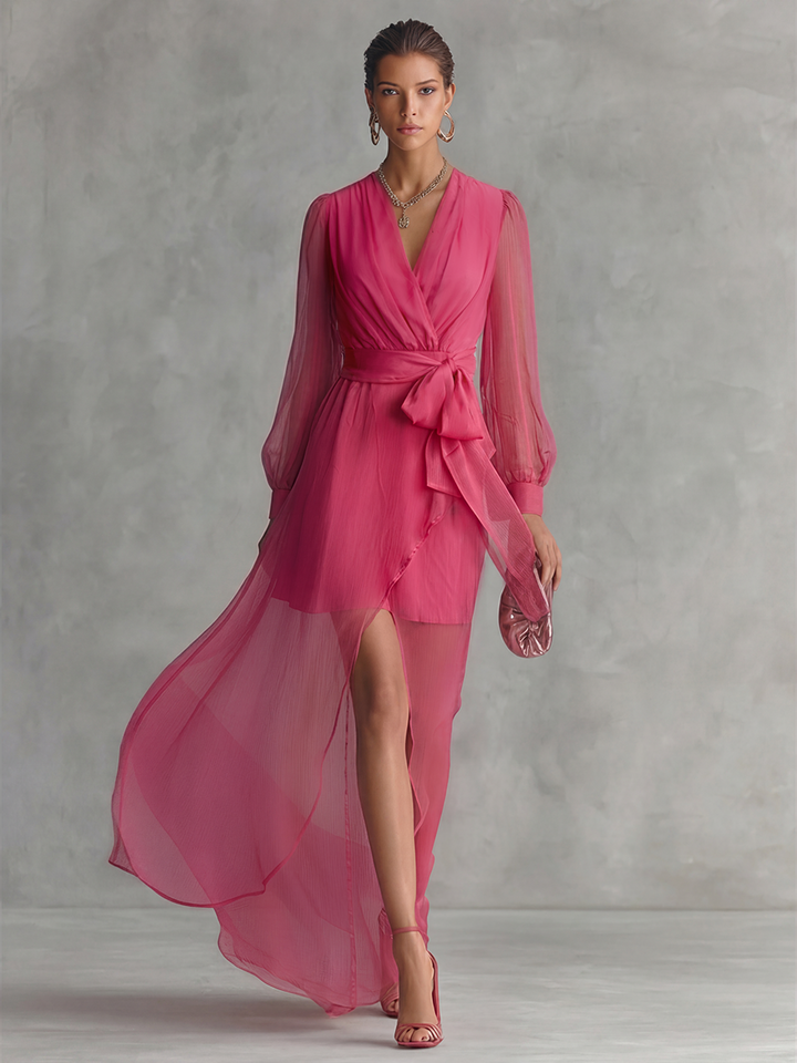 Women's Elegant Rose Pink Pearl Chiffon V-neck Tie-waist Long Dress MDZ1925A7BA