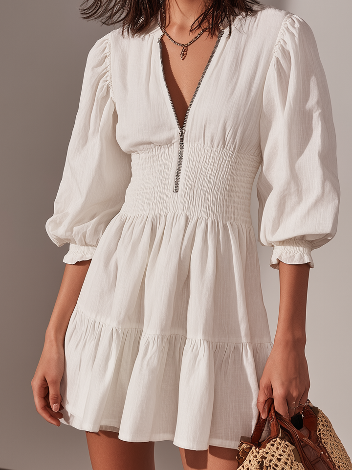 Women's Casual White Cotton-Linen Short Dress With Round Neck, Mid-Length Sleeves, And Zipper Detail MDZ3123C5LXY