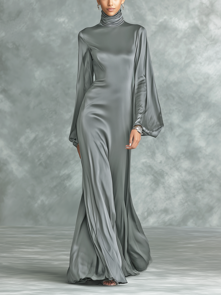 Women's Fashionable Grey Satin High-neck Long-sleeved Loose-fitting Maxi Dress MDZ0690A0AN
