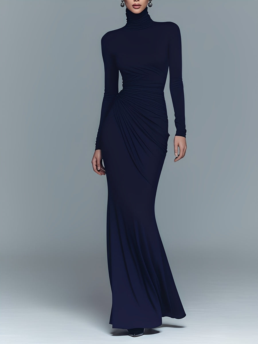 Women's Navy Elegant Stretch Polyester-Cotton Blend Turtleneck Draped Maxi Dress MDA1742J1I