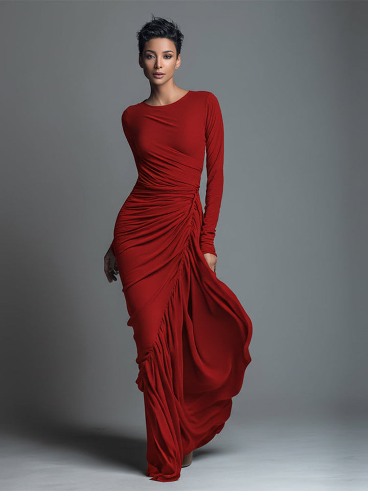 Women's Black Elegant Jersey Knit Ruched Maxi Dress MDA1541H1I