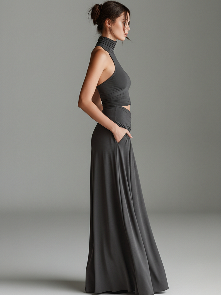 Women's Charcoal Gray Stretch Knit Dress With Turtleneck Halter & Cutout Waist, Timeless Minimalist Elegant Style Dress MDZ0960B2I