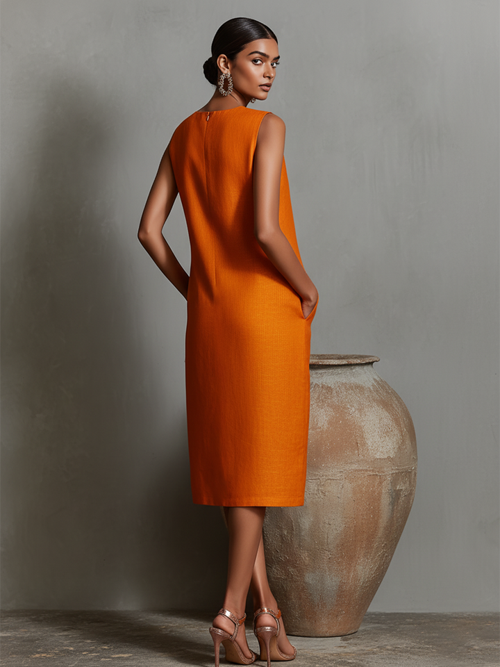Women's Orange Linen Shift Dress With Sleeveless Round Neck & Side Pockets, Timeless Minimalist-Elegant Style Dress MDZ2851C7I
