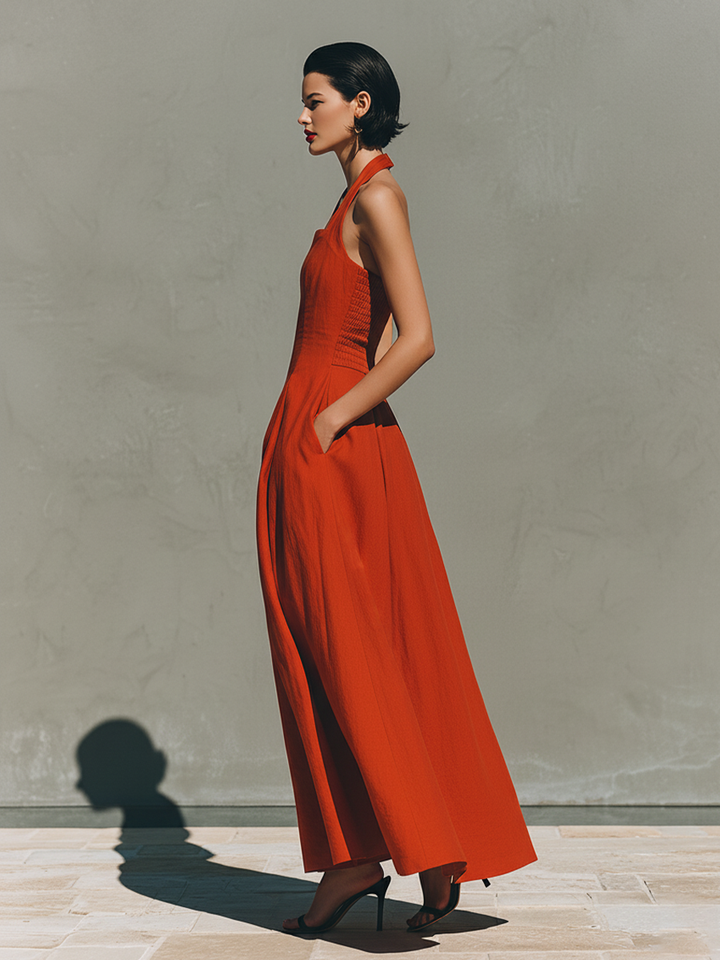 Women's Red Linen Maxi Dress With Halter Neck & Pleated Skirt, Timeless Elegant-Resort Style Dress MDZ2016C7I
