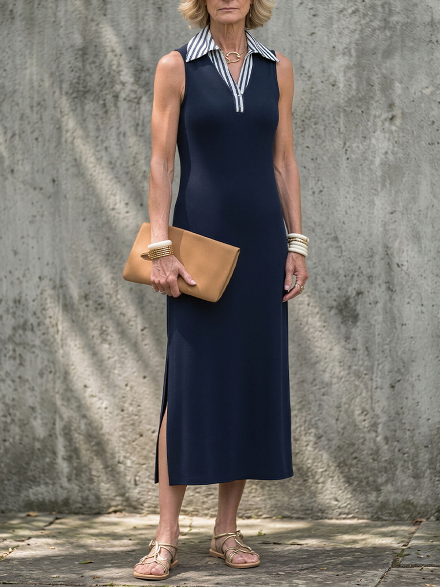 Women's Dark Blue Sleeveless Polo Dress With Contrast Collar, Modern Minimalist Everyday Midi Dress MDZ2722D4LYL