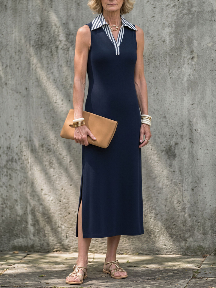 Women's Dark Blue Sleeveless Polo Dress With Contrast Collar, Modern Minimalist Everyday Midi Dress MDZ2722D4LYL